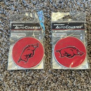 Arkansas Razorbacks set of two auto coasters new in package absorbent fun